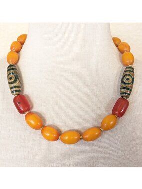 Southwestern Burnt Orange, Red Resin & Green Tibetan Dzi Agate Necklace